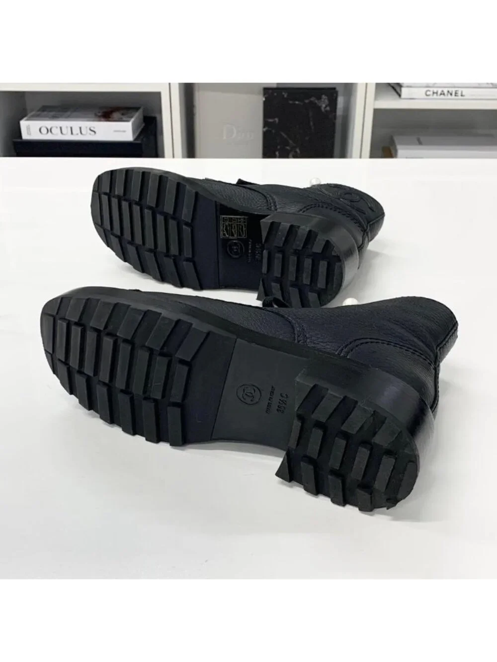 Chanel CC Logo Leather Pearl Lace-up Short Boots Black